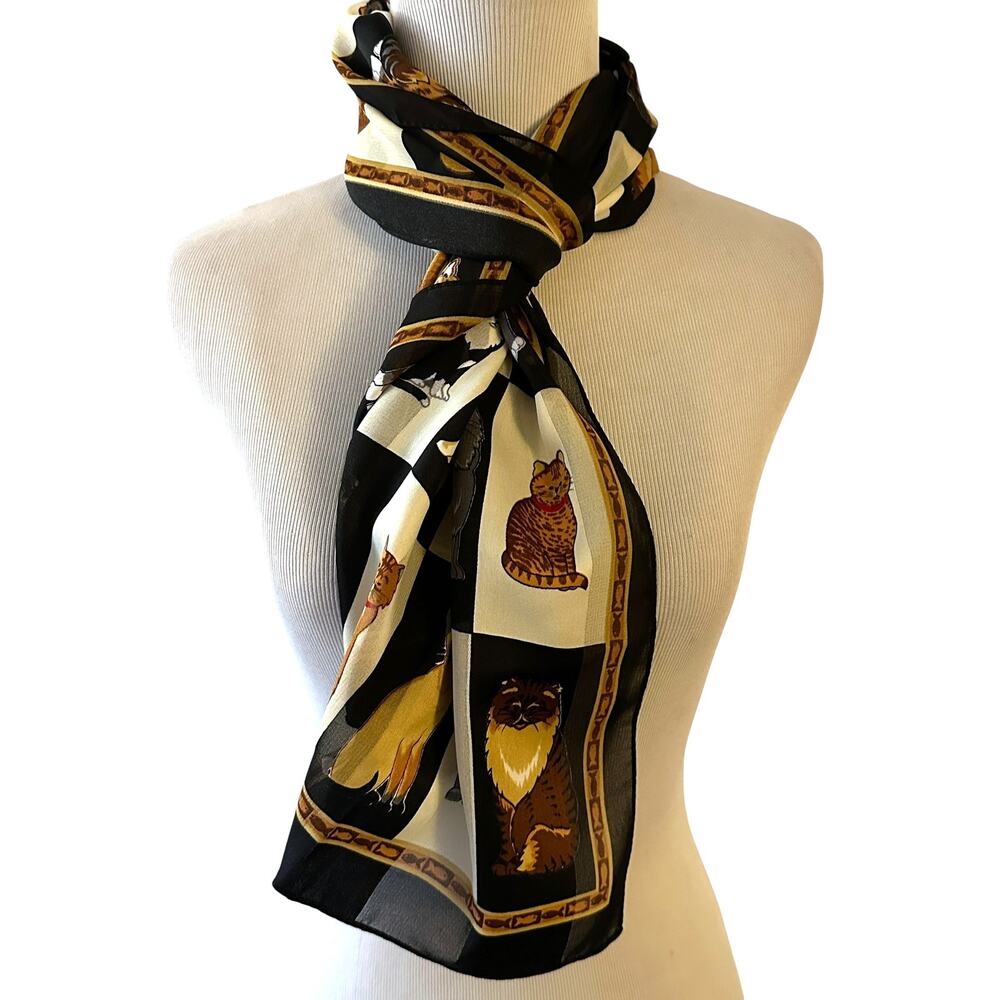 Cat Checkerboard Scarf Black Cream Brown Rectangle Novelty Whimsical Retro - Picture 2 of 7